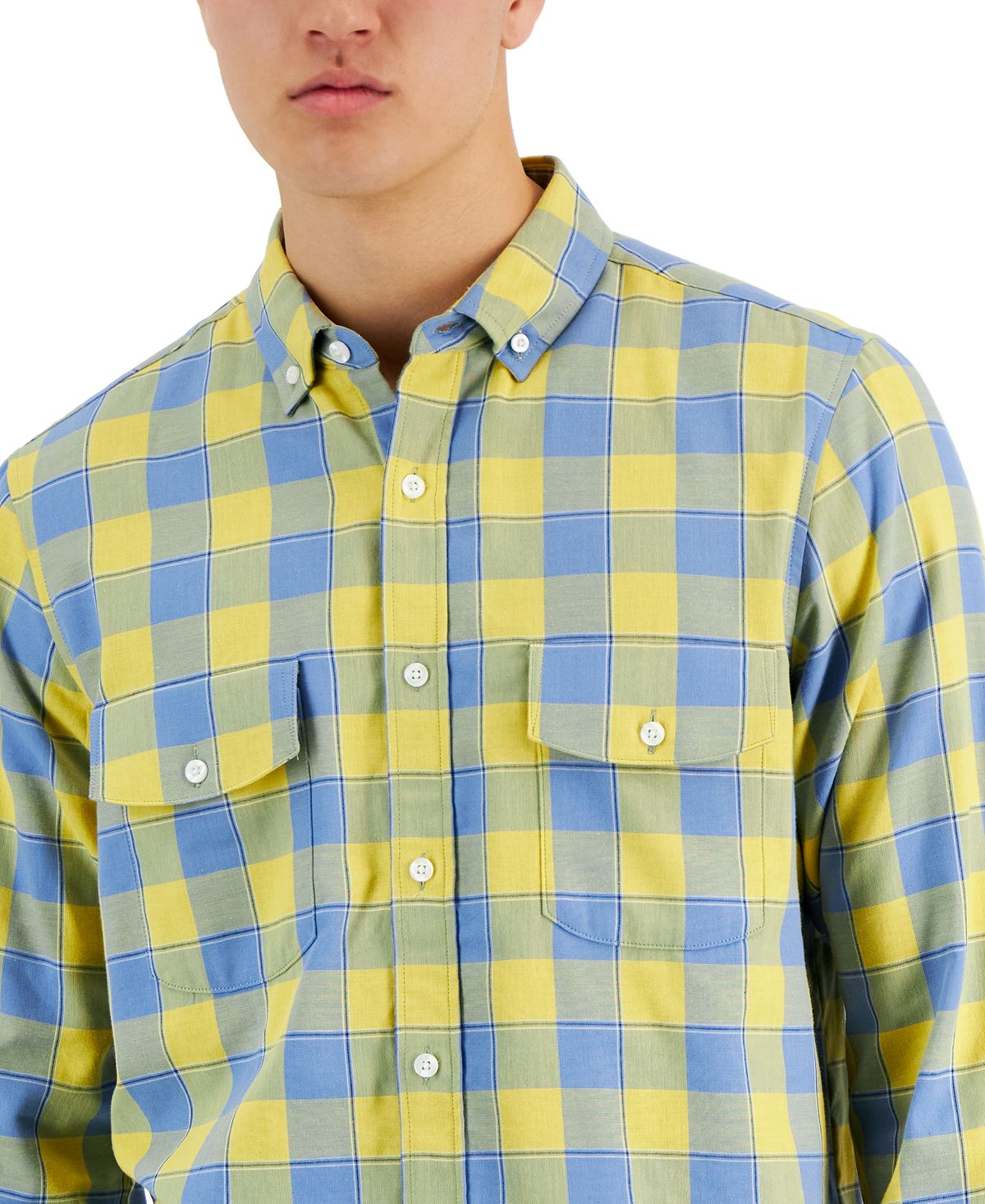 Club Room Men's Tac Plaid Double Faced Woven Long Sleeve Shirt Yellow Size Medium