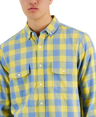 Club Room Men's Tac Plaid Double Faced Woven Long Sleeve Shirt Yellow Size Medium