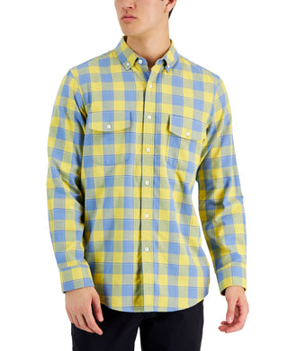 Club Room Men's Tac Plaid Double Faced Woven Long Sleeve Shirt Yellow Size Medium