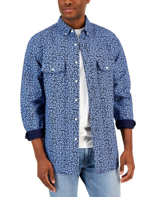 Club Room Men's Simple Floral Print Double Faced Woven Long Sleeve Shirt Blue Size Medium