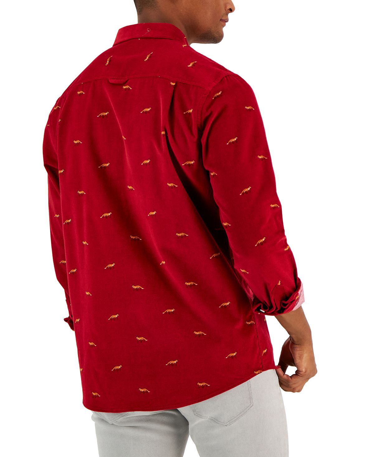 Club Room Men's Long-Sleeve Corduroy Fox PrinT-Shirt Red Size X-Large