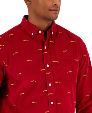Club Room Men's Long-Sleeve Corduroy Fox PrinT-Shirt Red Size X-Large