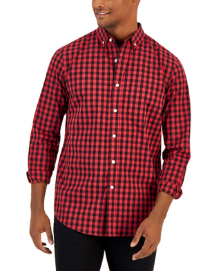 Club Room Men's Grant Classic Fit Check Button Down Poplin Shirt Red Size Medium