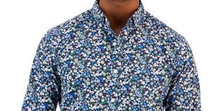 Club Room Men's Rada Classic Fit Floral Print Button Down Poplin Shirt Blue Size Medium