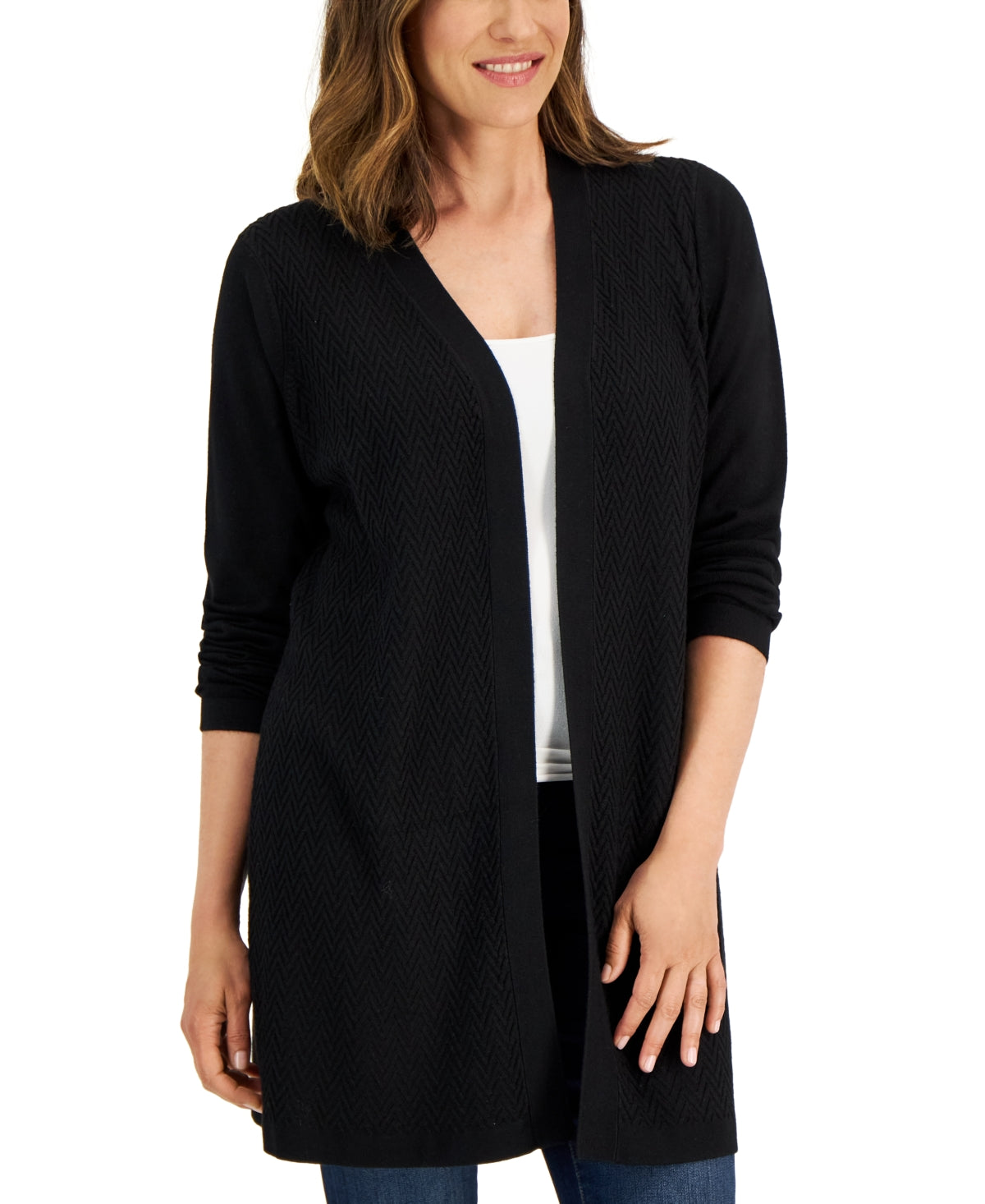 Karen Scott Women's Open Stitch Open Front Cardigan Black Size Medium