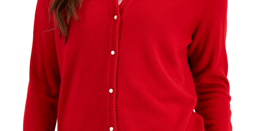 Karen Scott Women's Pearlized Button Crewneck Cardigan Red Size Medium