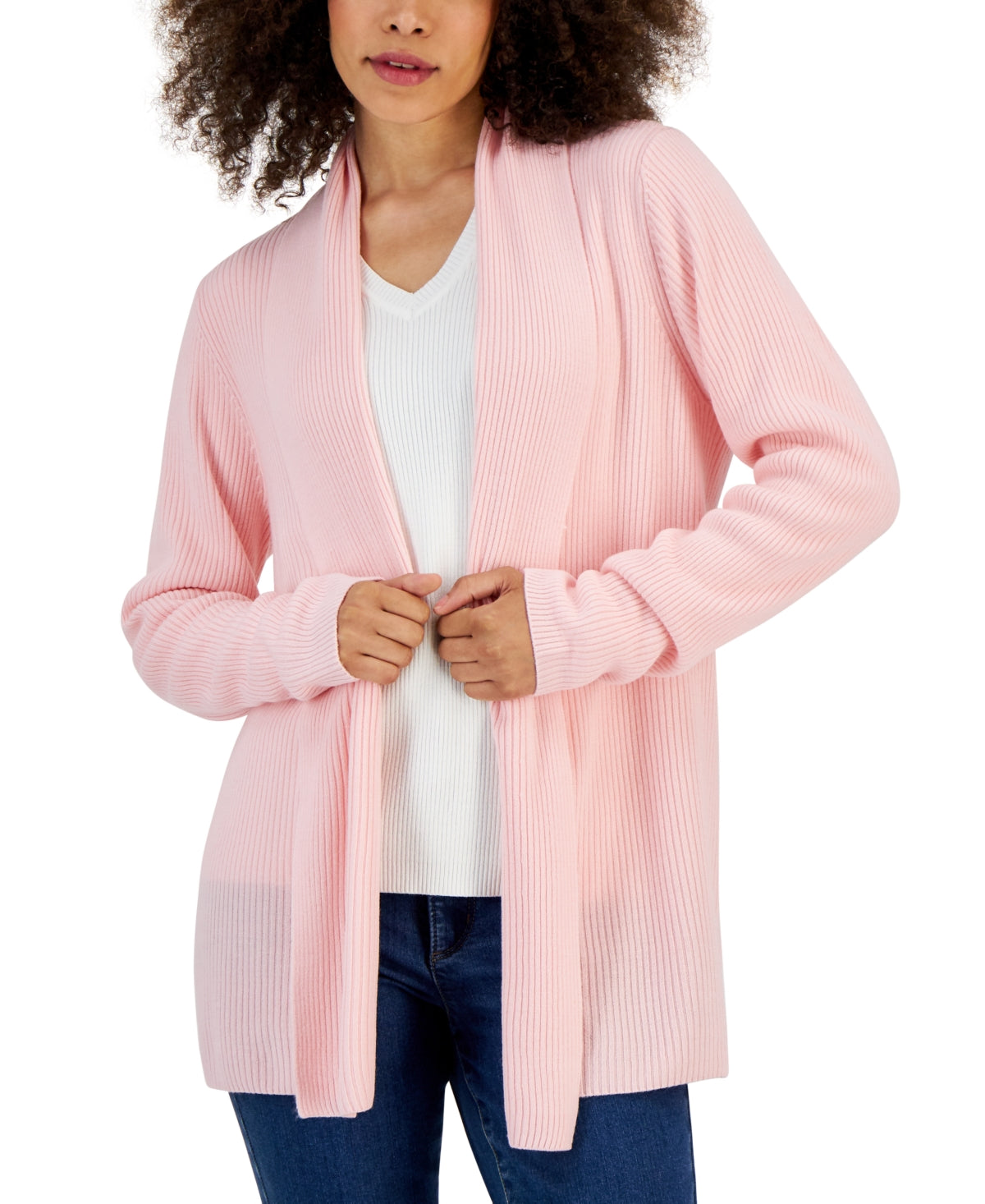 Karen Scott Women's Shawl Collar Long Cardigan Pink Size X-Small