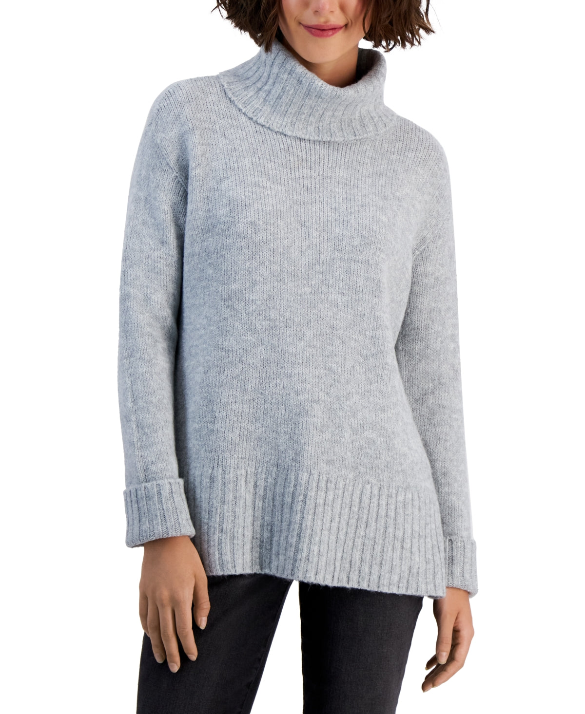 Style & Co Women's Ribbed Trim Turtleneck Sweater Gray Size Medium