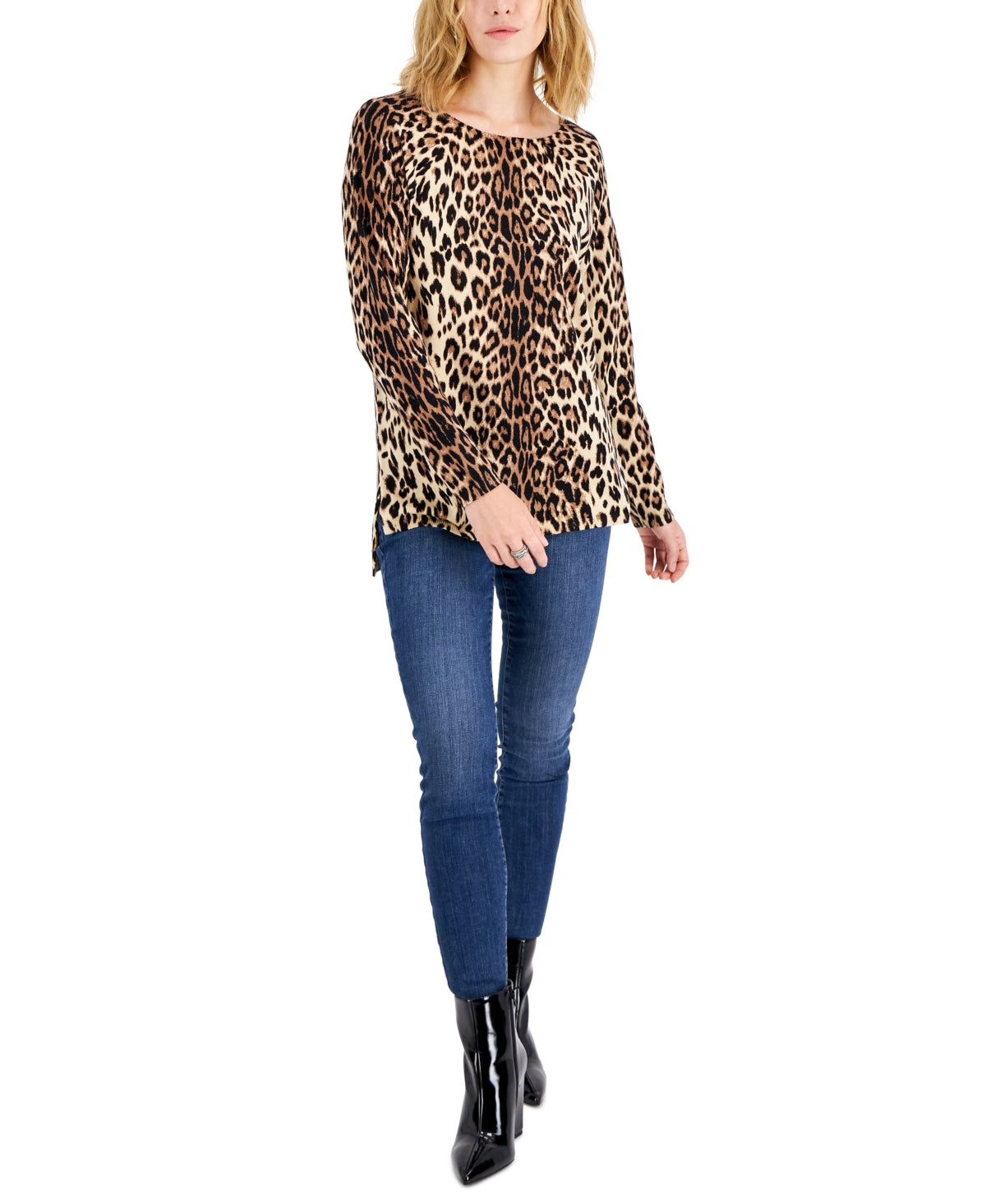 INC International Concepts Women's Leopard Print Boat Neck Sweater Black Size Small