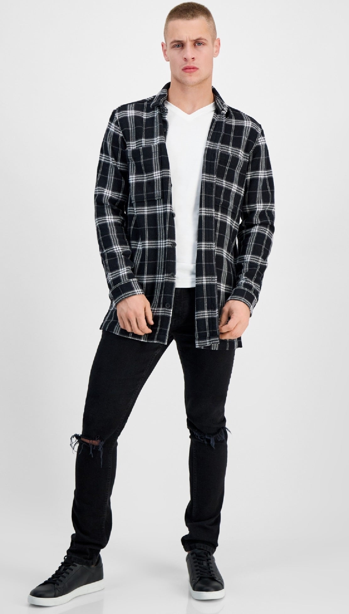 INC International Concepts Men's Colon Classic Fit Plaid Shirt Jacket Black Size Large