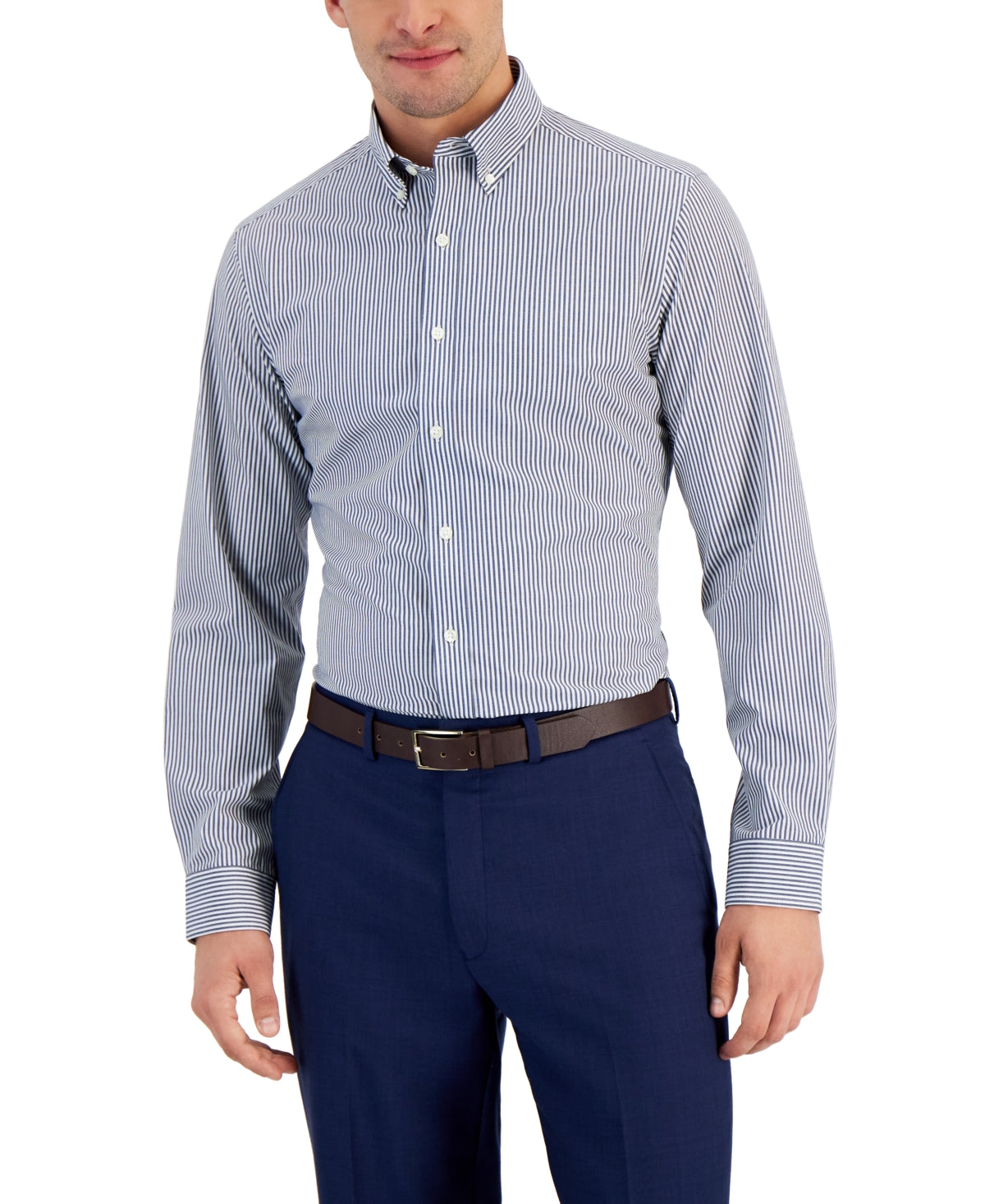 Club Room Men's Slim Fit 4 Way Stretch Stripe Dress Shirt Blue Size XX-Large