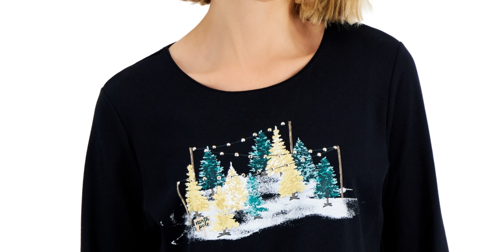 Karen Scott Women's Long Sleeve Holiday Top Black Size Medium