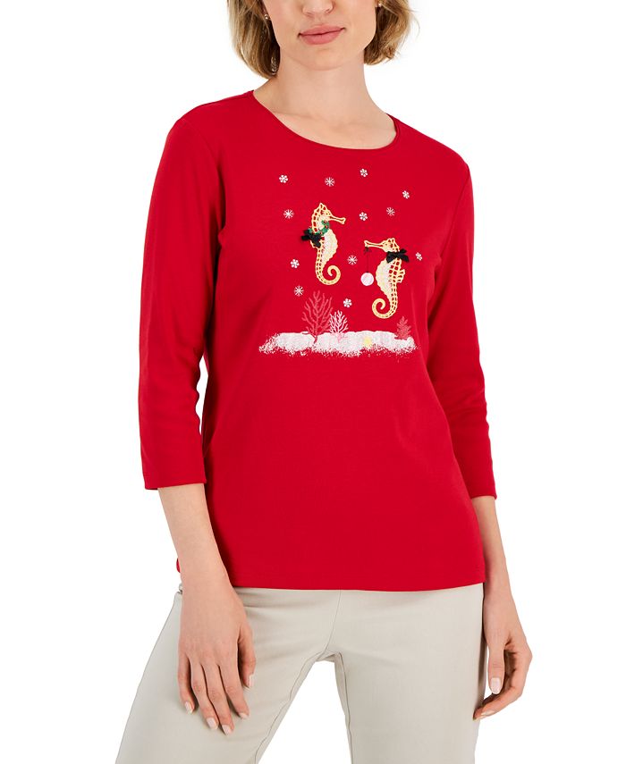 Karen Scott Women's Holiday Print 3/4 Sleeve Top Red Size Petite X-Large