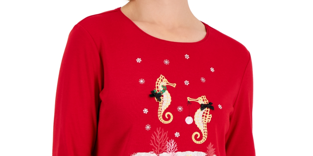 Karen Scott Women's Holiday Print 3/4 Sleeve Top Red Size Petite X-Large