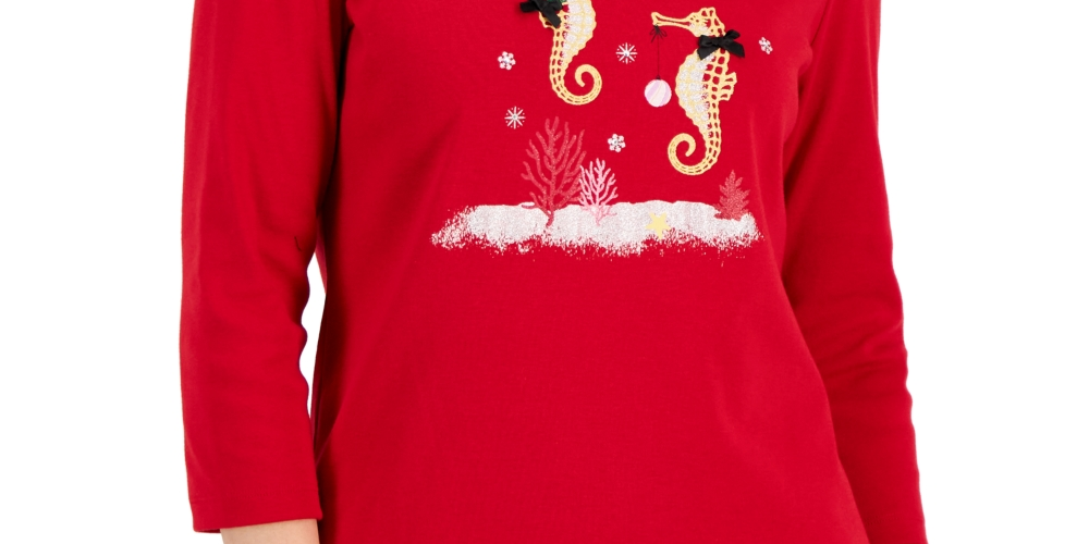 Karen Scott Women's Holiday Print 3/4 Sleeve Top Red Size Petite X-Large