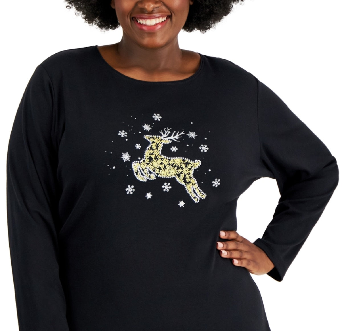 Karen Scott Women's Embellished Reindeer Graphic Top Black Size 1X