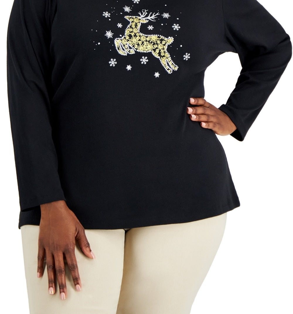 Karen Scott Women's Embellished Reindeer Graphic Top Black Size 1X