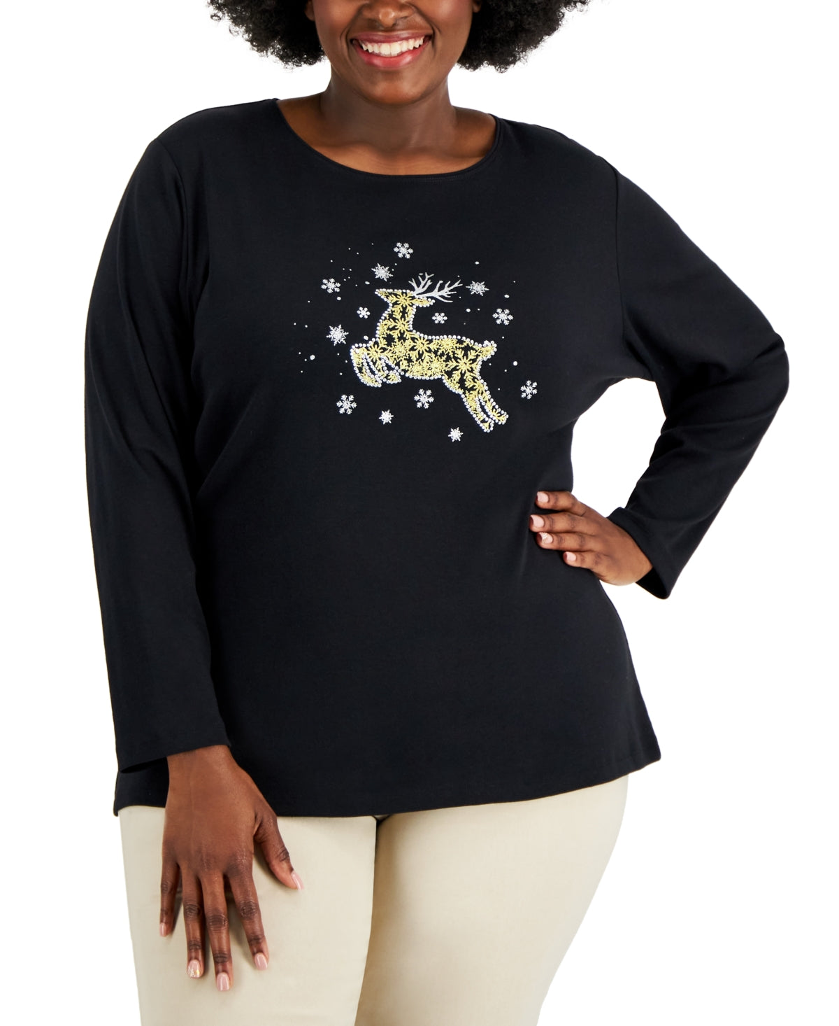 Karen Scott Women's Embellished Reindeer Graphic Top Black Size 1X