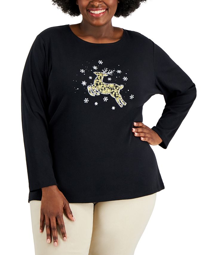 Karen Scott Women's Embellished Reindeer Graphic Top Black Size 0X