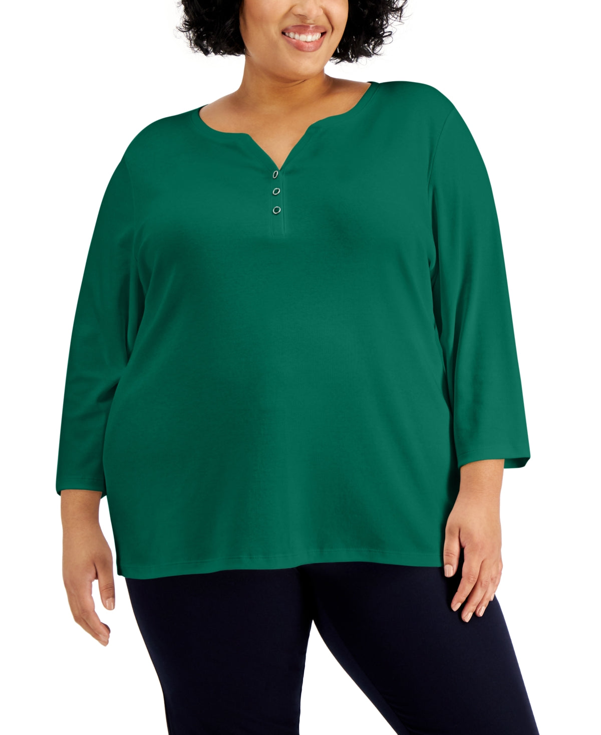 Karen Scott Women's 3/4 Sleeve Henley Top Green Size 2X