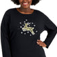 Karen Scott Women's Embellished Reindeer Graphic Top Black Size 4X