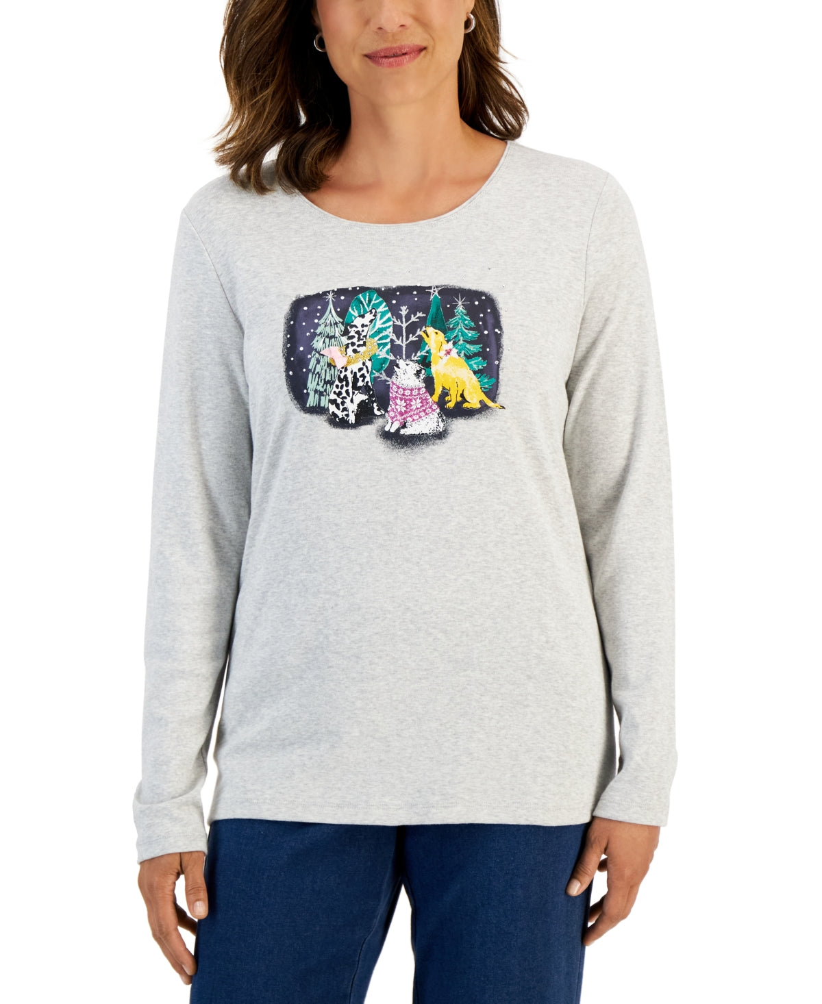 Karen Scott Women's Long Sleeve Holiday Top Gray Size X-Large