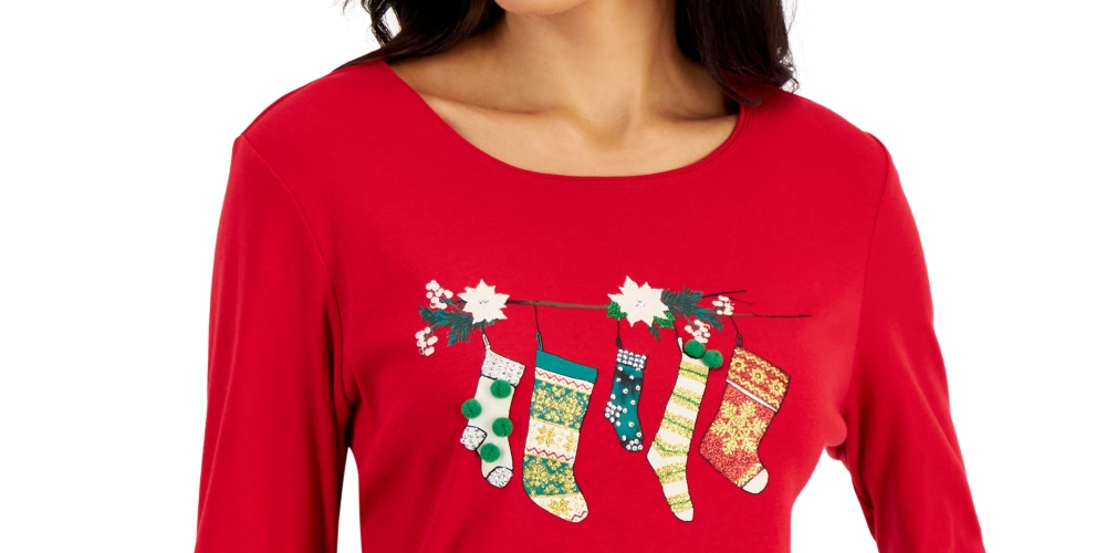 Karen Scott Women's Long Sleeve Holiday Top Red Size Medium
