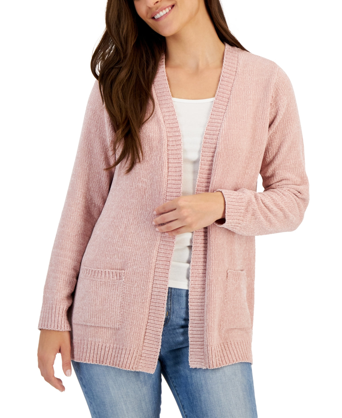 Karen Scott Women's Chenille Patch Pocket Cardigan Pink Size Medium