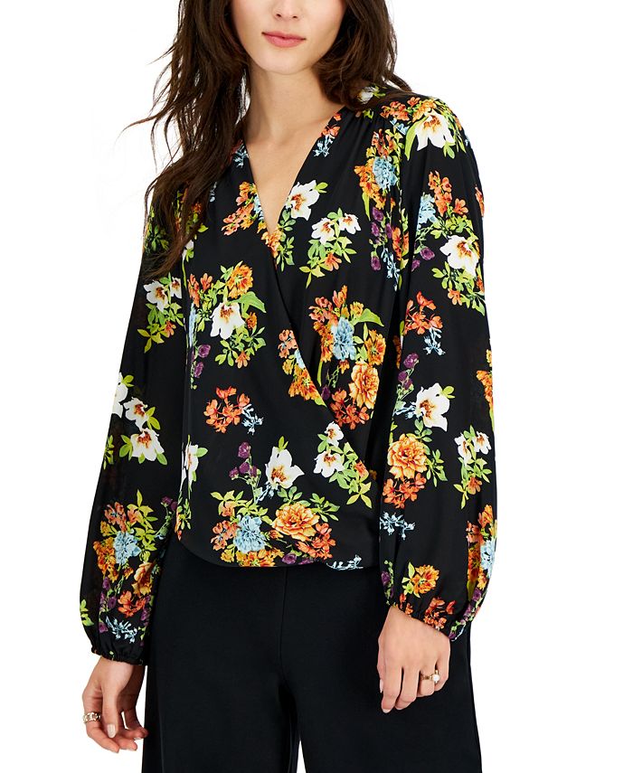 INC International Concepts Women's Floral Print Long Sleeve Blouse Black Size X-Small