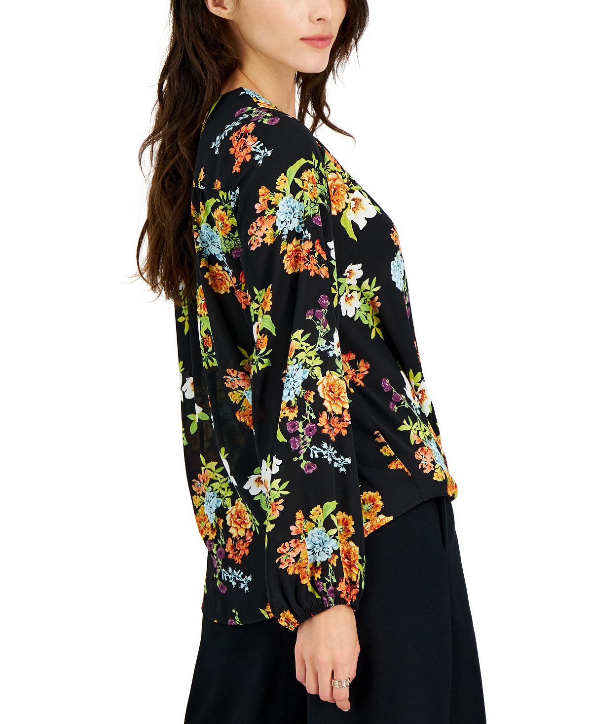 INC International Concepts Women's Floral Print Long Sleeve Blouse Black Size X-Small
