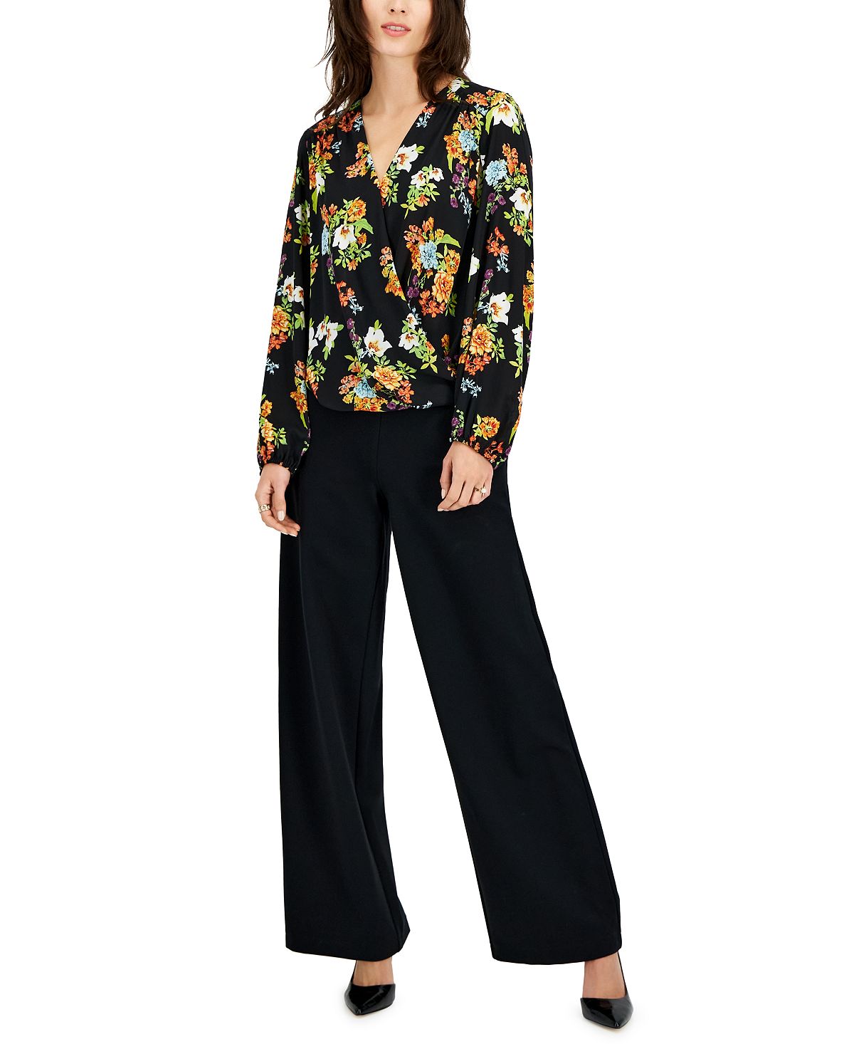 INC International Concepts Women's Floral Print Long Sleeve Blouse Black Size X-Small
