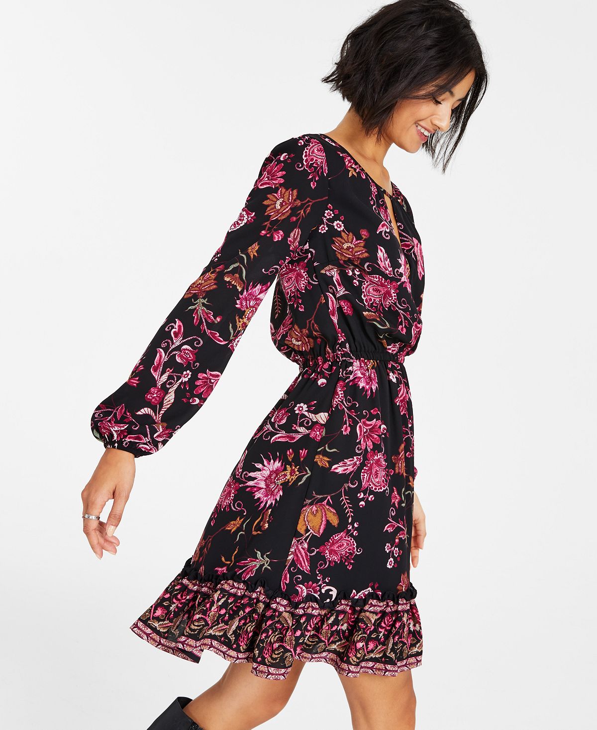 INC International Concepts Women's Floral Print Mini Dress Black Size X-Small