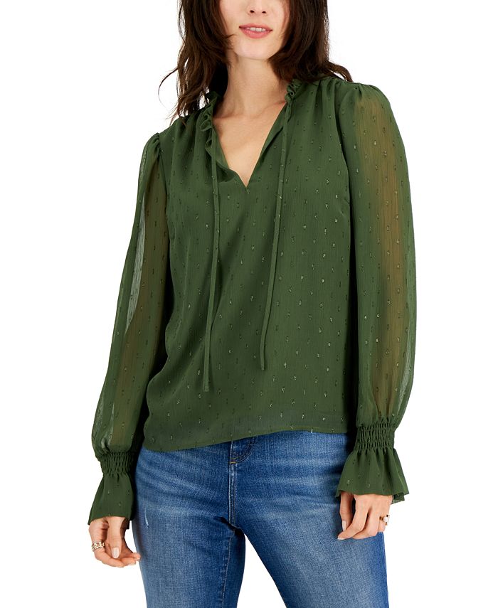 INC International Concepts Women's Clip Dot Tie Neck Blouse Green Size XX-Large