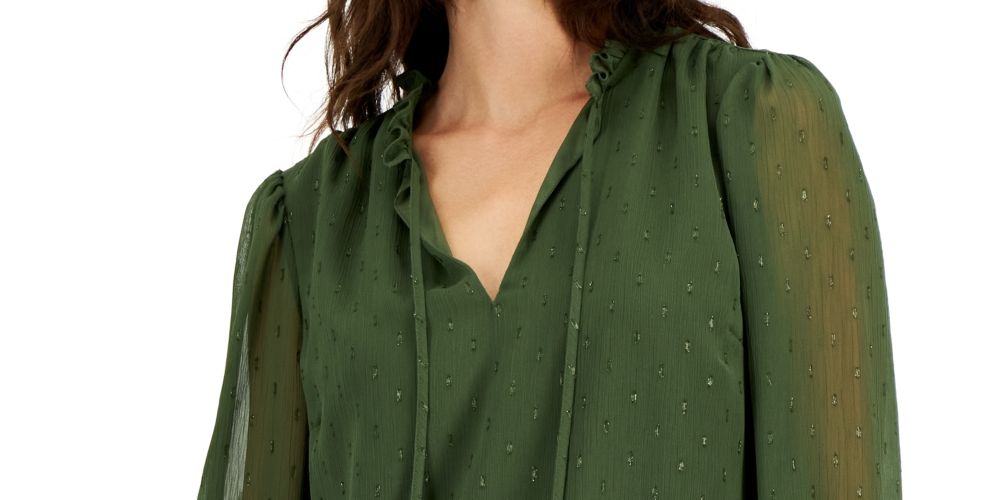 INC International Concepts Women's Clip Dot Tie Neck Blouse Green Size XX-Large