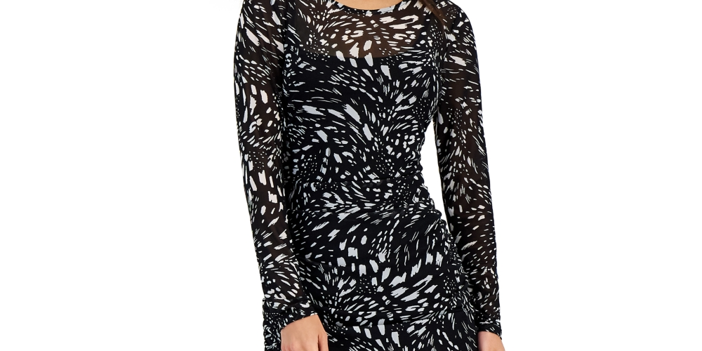 INC International Concepts Women's Printed Mesh Bodycon Dress Black Size Petite Large