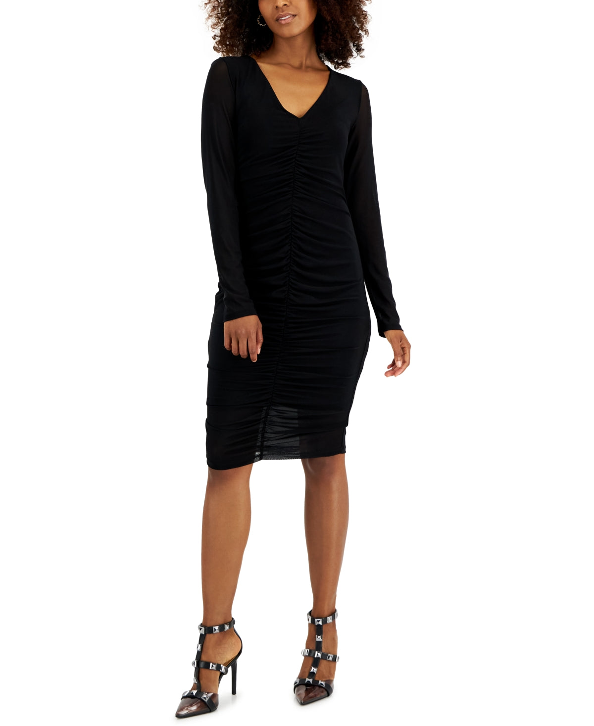 INC International Concepts Women's V Neck Ruched Mesh Dress Black Size X-Small