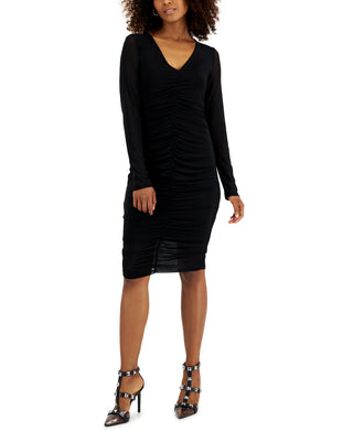 INC International Concepts Women's V Neck Ruched Mesh Dress Black Size X-Large