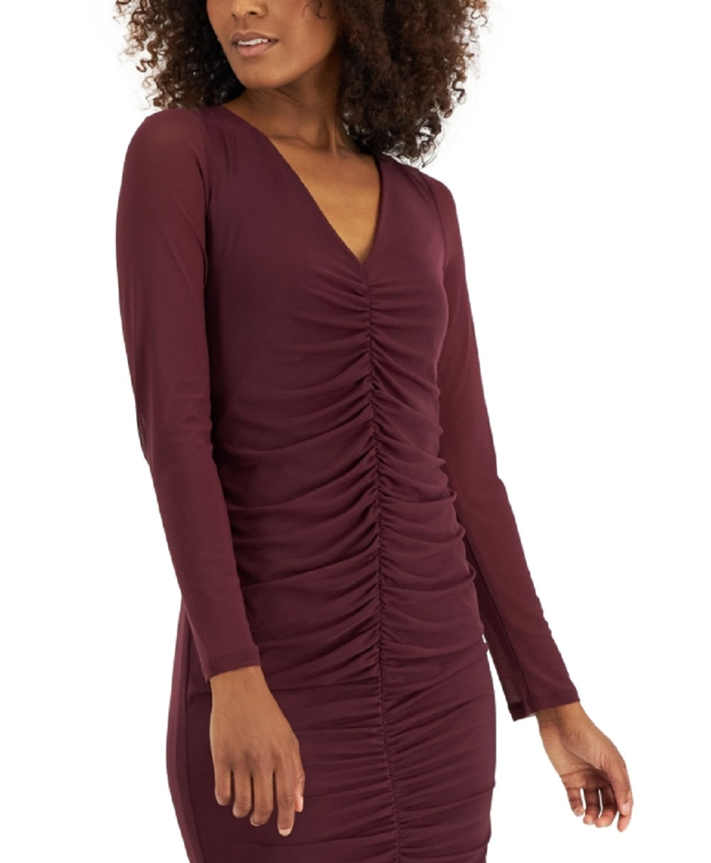 INC International Concepts Women's V Neck Ruched Mesh Dress Red Size Medium