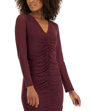 INC International Concepts Women's V Neck Ruched Mesh Dress Red Size Medium