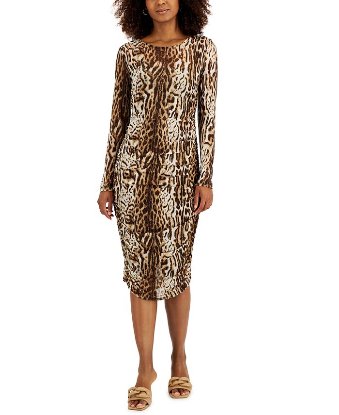INC International Concepts Women's Leopard Print Mesh Dress Brown Size X-Small