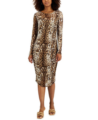 INC International Concepts Women's Leopard Print Mesh Dress Brown Size X-Small