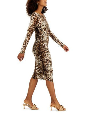 INC International Concepts Women's Leopard Print Mesh Dress Brown Size Large