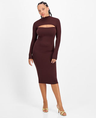 Bar III Women's Cutout Bodycon Dress Brown Size M