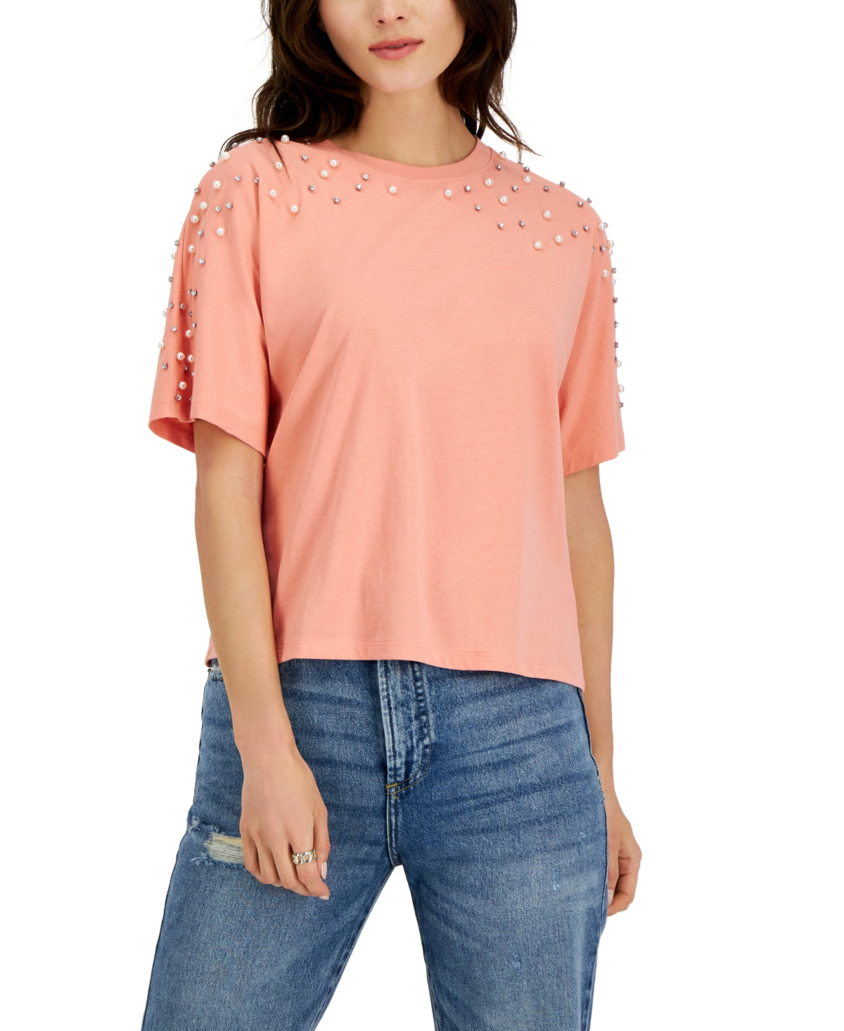 INC International Concepts Women's Embellished Dolman Sleeve Tee Orange Size Small