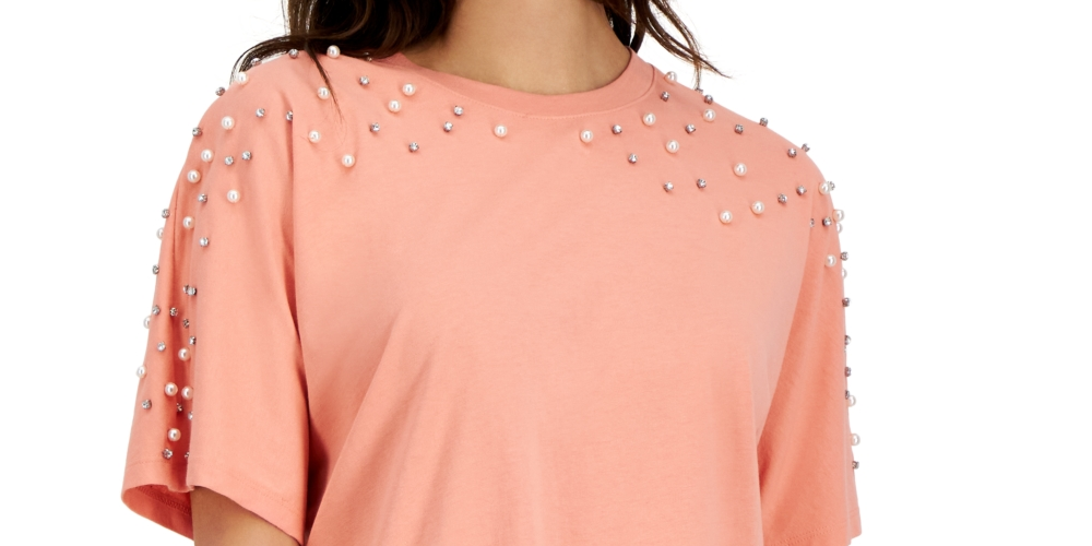 INC International Concepts Women's Embellished Dolman Sleeve Tee Orange Size Small