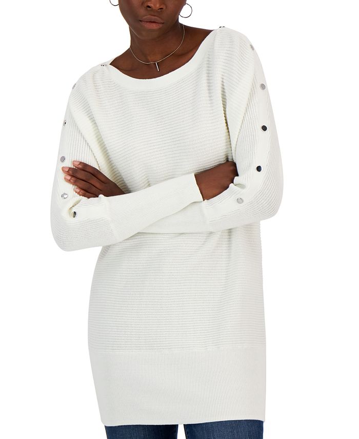 INC International Concepts Women's Button Trim Boat Neck Sweater White Size Small