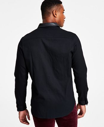 | Inc International Concepts Men's Classic-Fit Solid Button-Down Shirt with Faux-Leather Collar,Black Size M