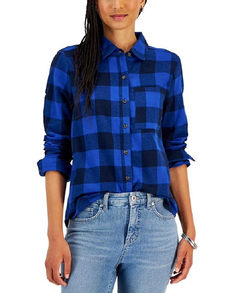 Style & Co Women's Brushed Flannel Perfect Shirt Blue Size Petite Small