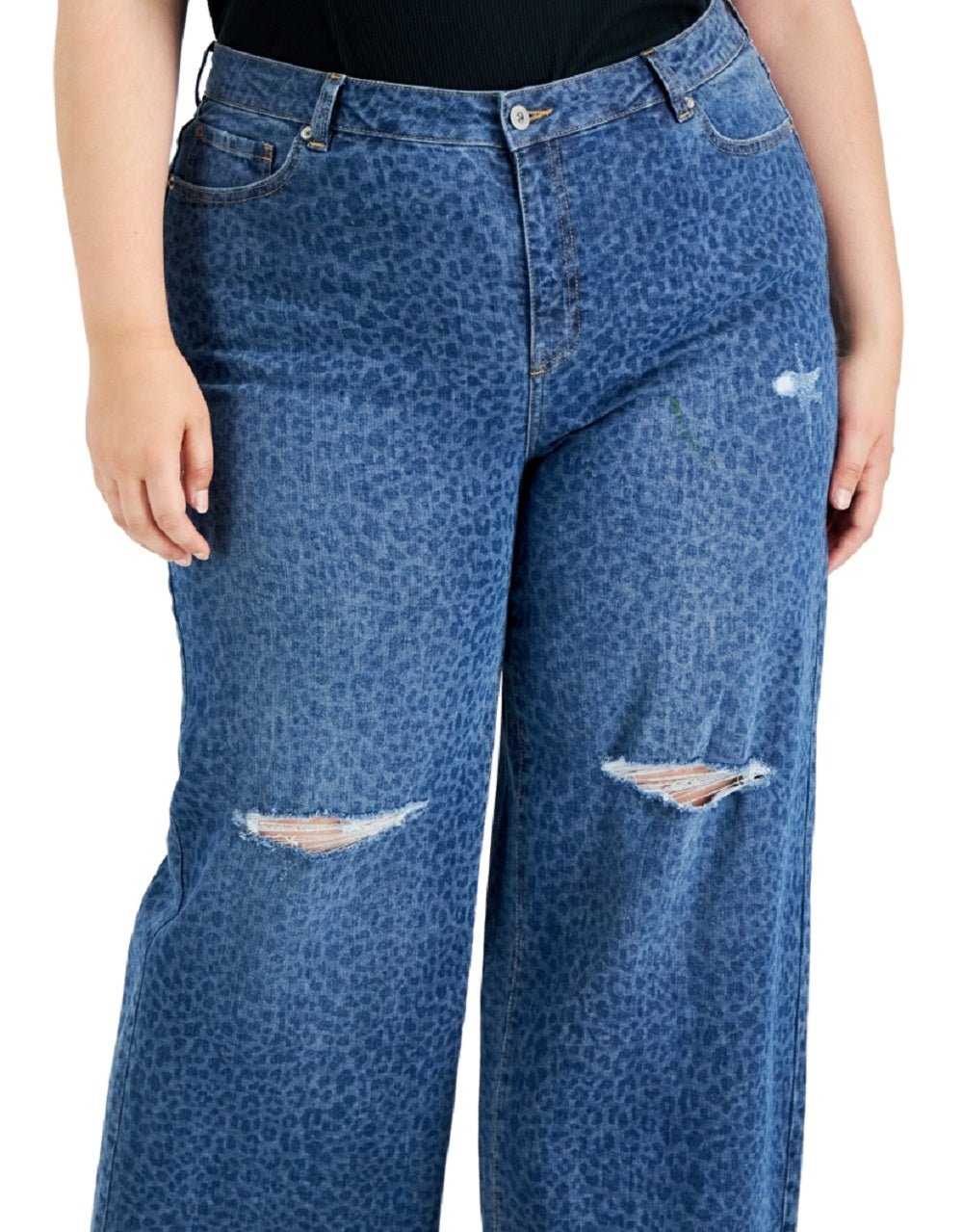 INC International Concepts Women's Cheetah Print Destructed Wide Leg Jeans Blue Size 18W