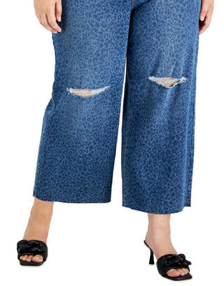 INC International Concepts Women's Cheetah Print Destructed Wide Leg Jeans Blue Size 18W